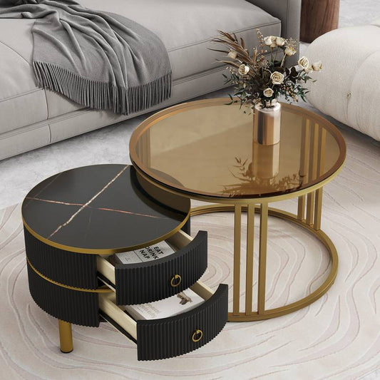 Chic Nesting Coffee Tables with Drawers - Sleek Round Design in Black and Brown Glass