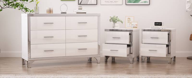 Chic White Dresser & Nightstand Set with Stylish Mirror Accents