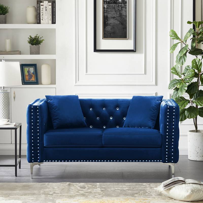 Chic Blue Velvet Jewel Button Sofa with Pillows