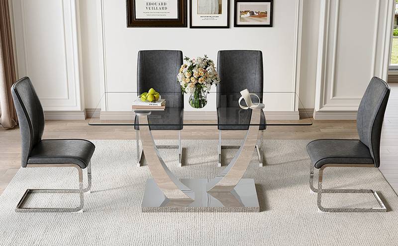 Chic Glass Dining Set with Cozy Gray Chairs
