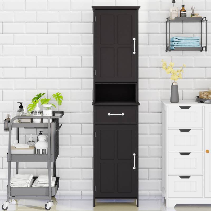 Sleek Slim Floor Cabinet with Adjustable Shelves - Black