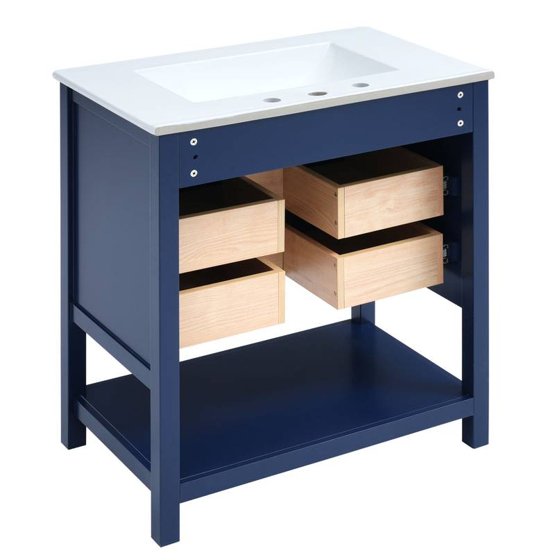 Navy Bliss: Stylish Bathroom Vanity with Open Storage