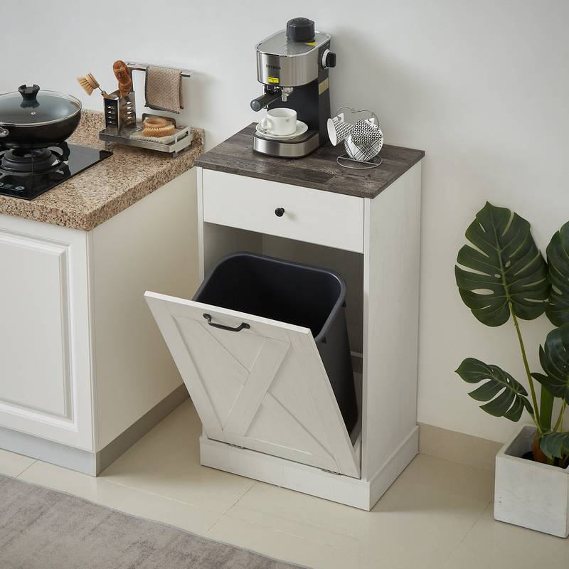 Sleek White Tilt Trash Cabinet
