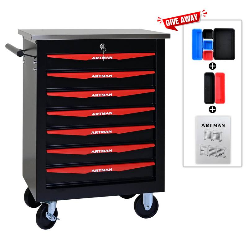 Rolling Tool Cart with Stainless Steel Top - Black & Red
