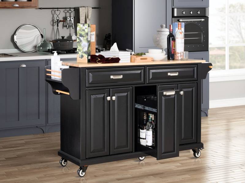 Versatile Kitchen Cart with Rubberwood Top and Ample Storage in Black
