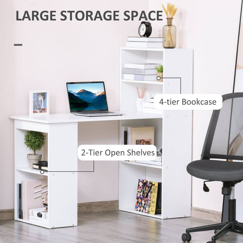 Sleek White Desk with 6-Tier Bookshelf