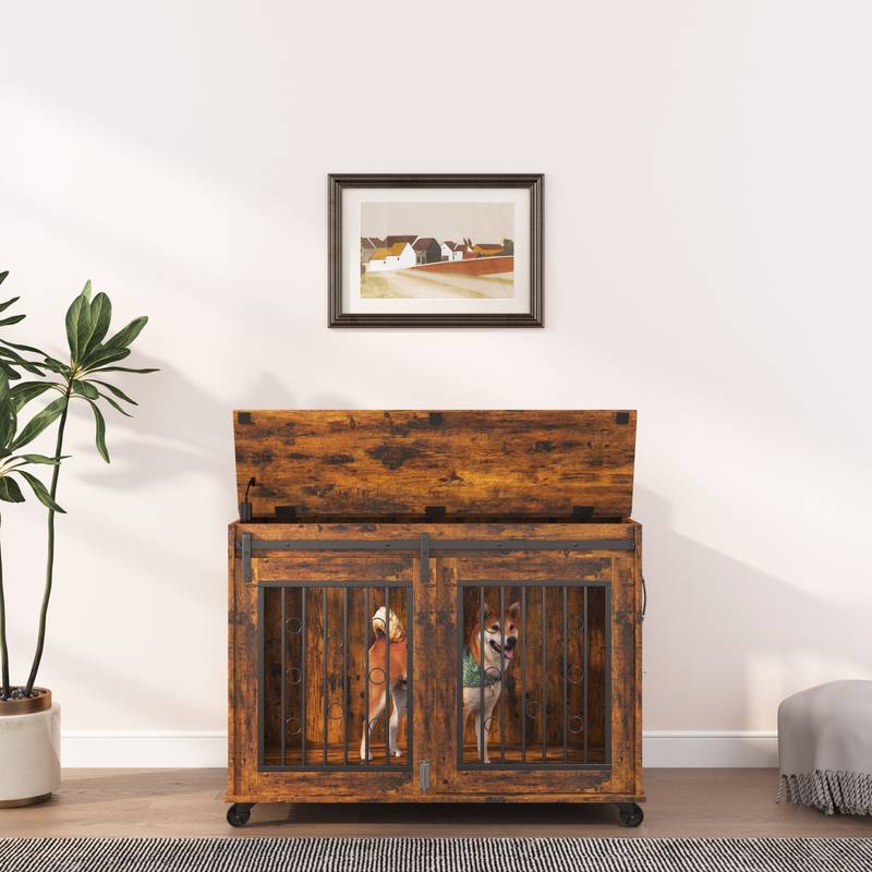 Rustic Double Puppy Sliding Dog Crate