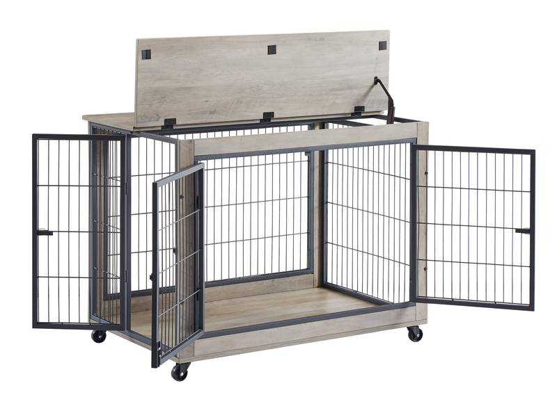 Chic Mobile Dog Crate Table with Double Doors and Lift Top in Grey