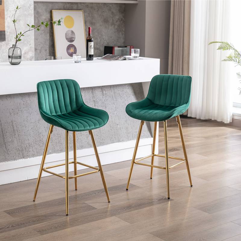 Chic Green Velvet Bar Stools with Gold Legs - Set of Two