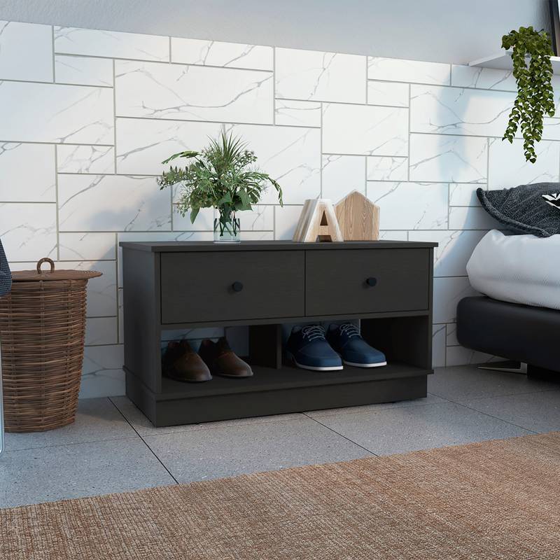 Chic Storage Bench with Open Shelves and Drawers