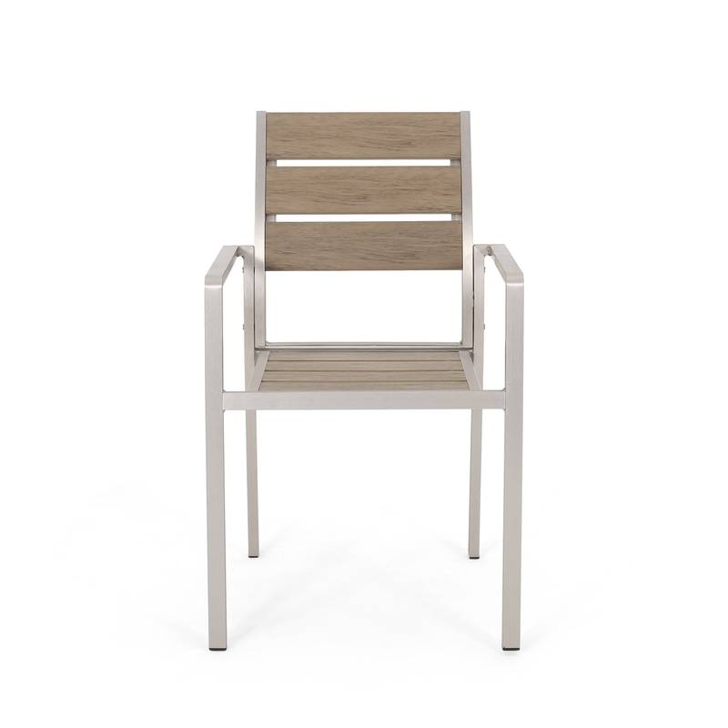 Stylish Outdoor Aluminum Dining Chairs with Natural Wood Look - Set of Two