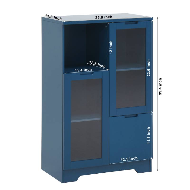 Navy Blue Glass-Front Cabinet with Open Storage