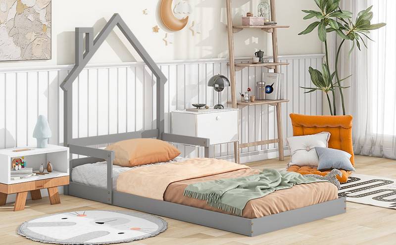 Cozy Twin House Bed with Handrails - Grey