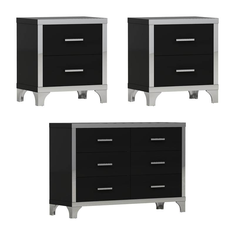 Chic Black Dresser and Nightstand Duo with Mirror Accents