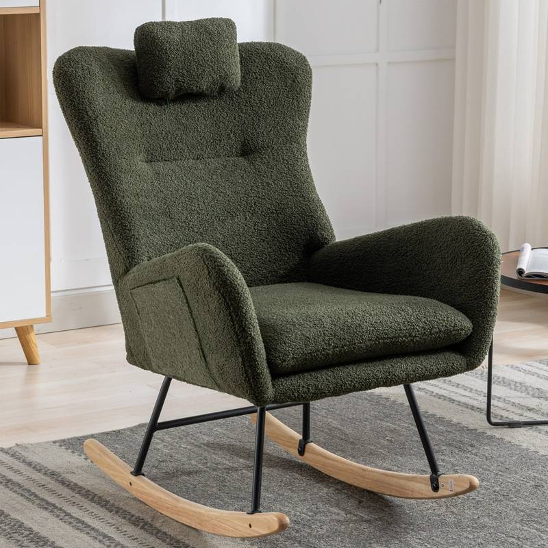 Cozy Rocking Chair with Pocket - Soft Teddy Fabric Glider in Dark Green