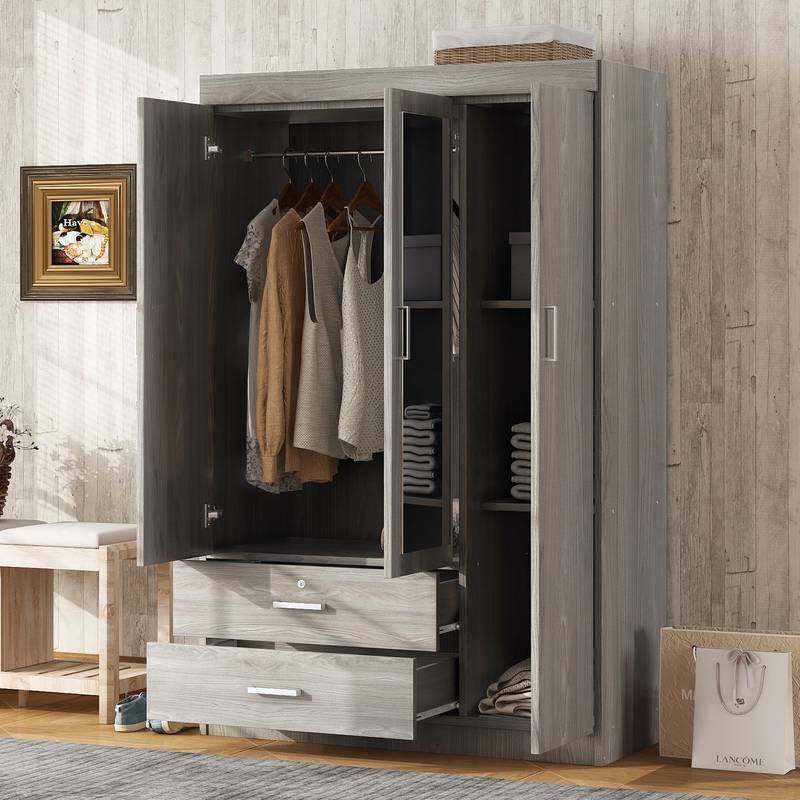 Sleek Gray 3-Door Mirror Wardrobe with Shelves