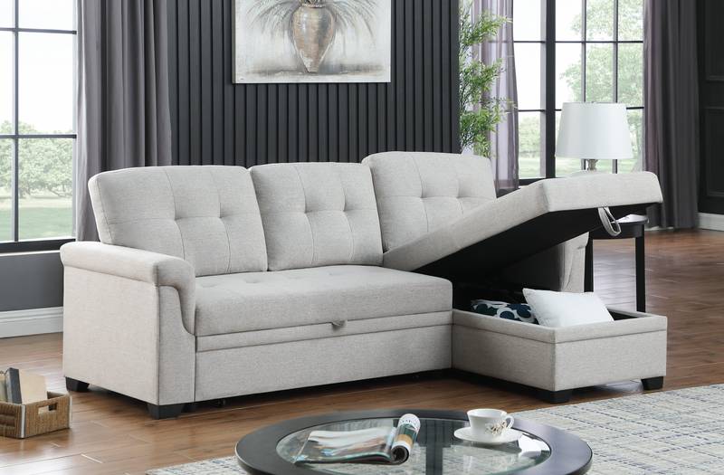 Cozy Reversible Sleeper Sectional with Chaise Storage - Light Gray Linen