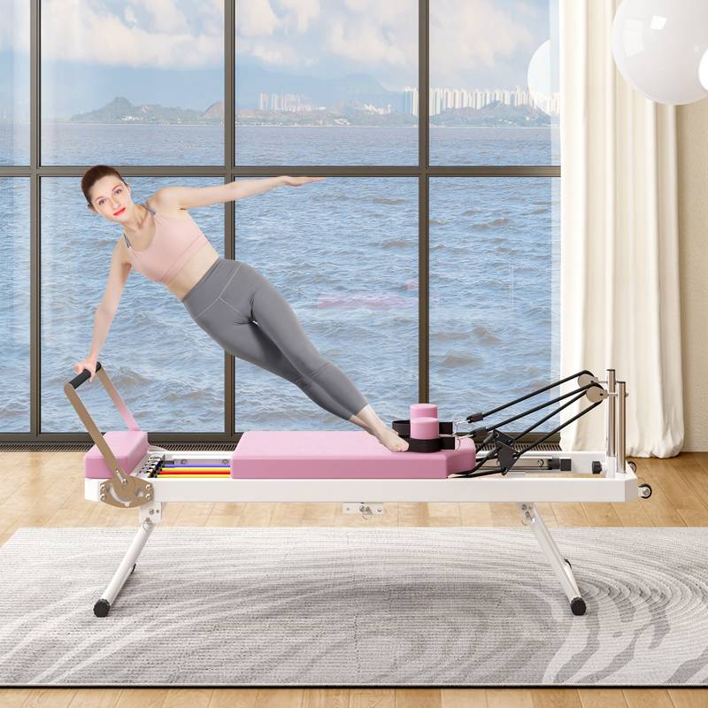 Pink Foldable Pilates Reformer for Home and Studio