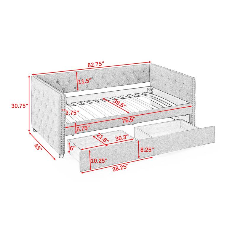Beige Button-Tufted Twin Daybed with Storage Drawers
