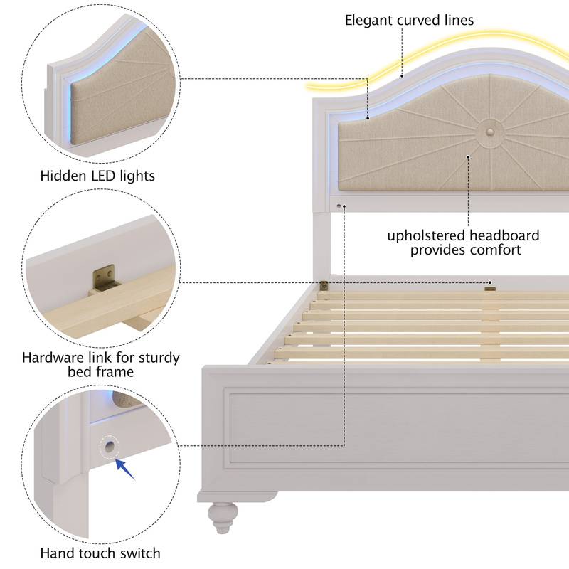 Cozy Cream Grey Queen Bedroom Set with LED Headboard & Nightstands