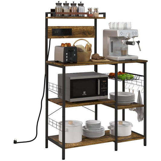 Chic Kitchen Helper: Rustic Bakers Rack with Power Outlet & USB Charger