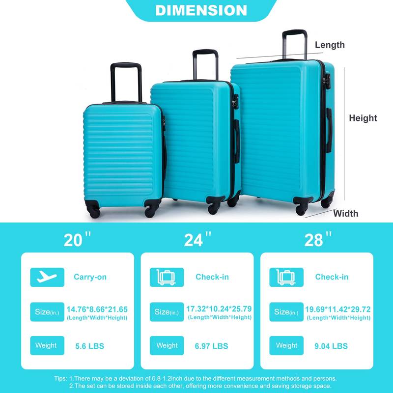 Turquoise Travel Trio: Lightweight Spinner Luggage with Hooks & TSA Lock