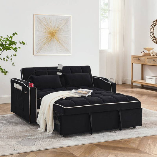 Cozy Convertible Velvet Sofa Bed with USB, Ashtray & Swivel Stand