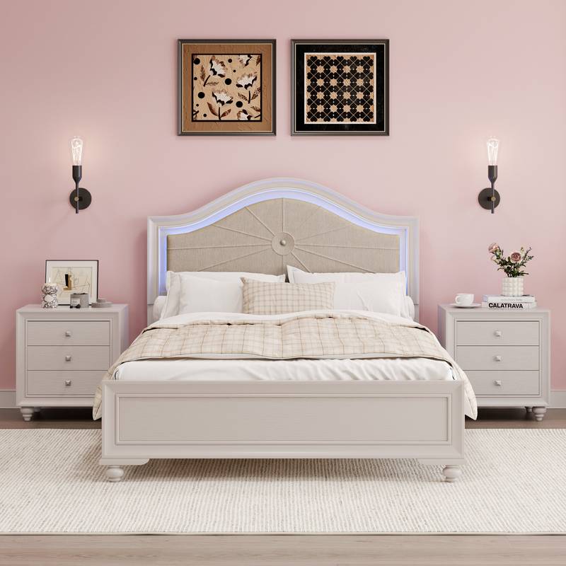 Cozy Glow Bedroom Set: Wood Bed with LED Headboard & Nightstands in Cream Grey