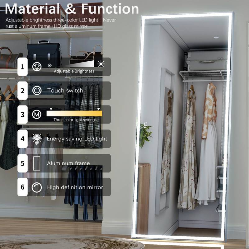 GlamGlow LED Bathroom Mirror: Illuminated Full-Body Reflection in Silver