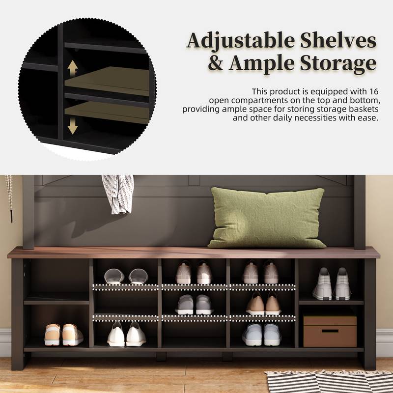 Chic Farmhouse Entryway Bench with Hooks & Shelves