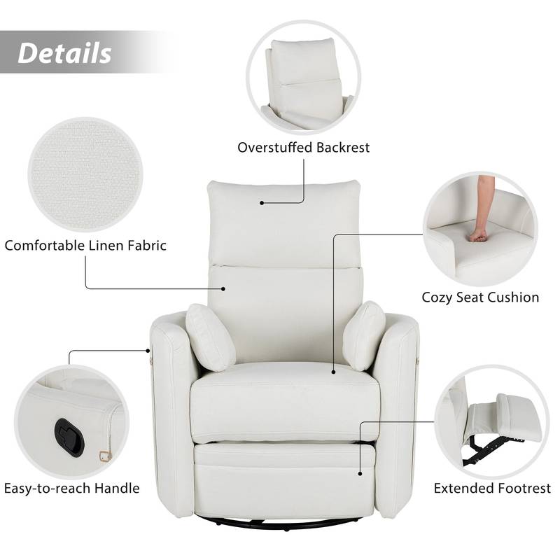 Cozy Beige Swivel Rocker Recliner with Pillows