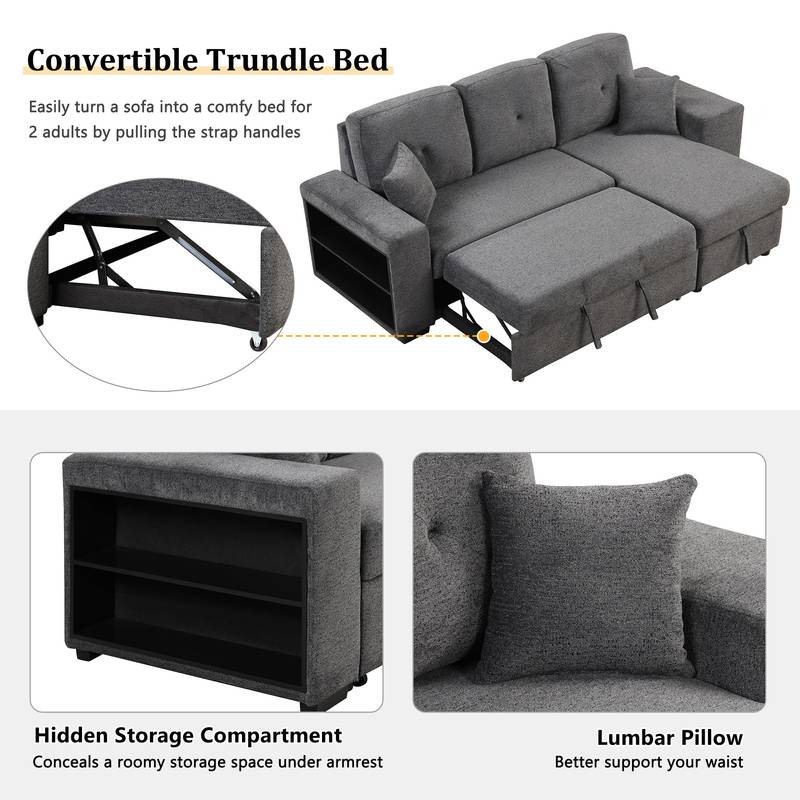Versatile L-Shaped Sofa Bed with Side Shelf & Stools