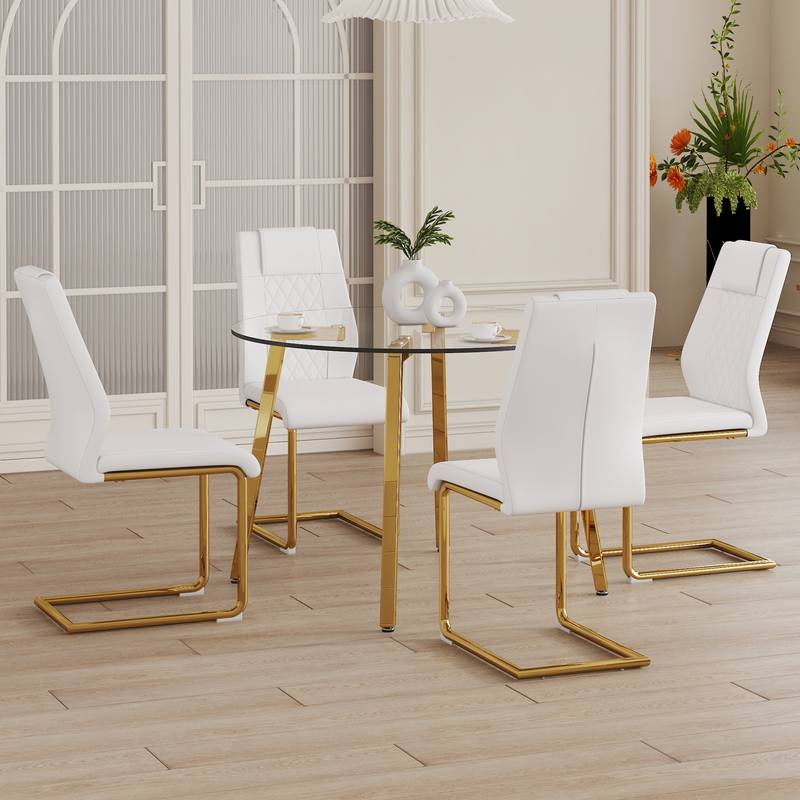 Chic Glass Dining Set with White Upholstered Chairs