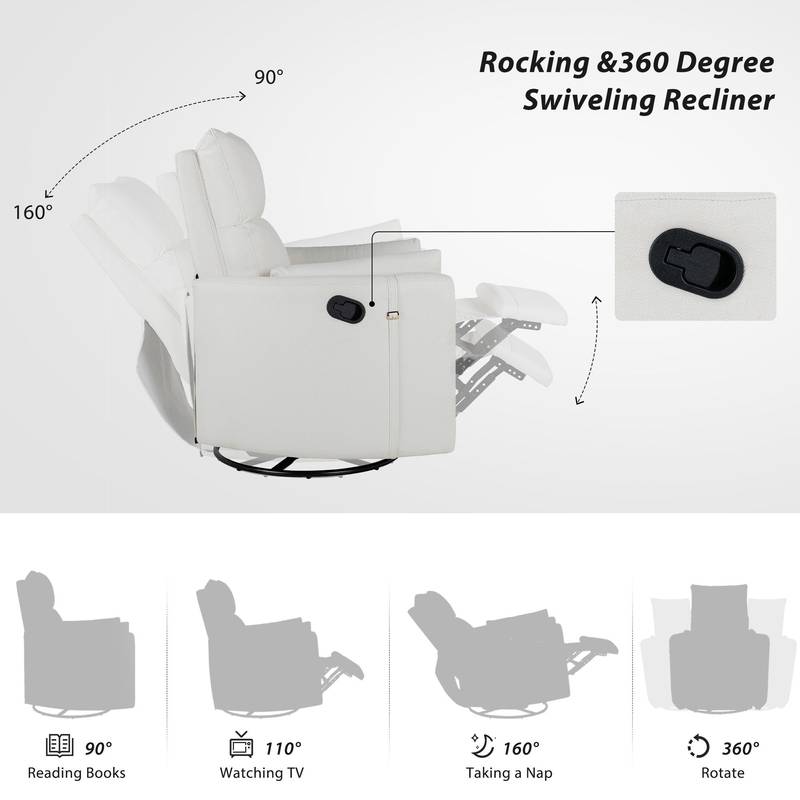 Cozy Beige Swivel Rocker Recliner with Pillows