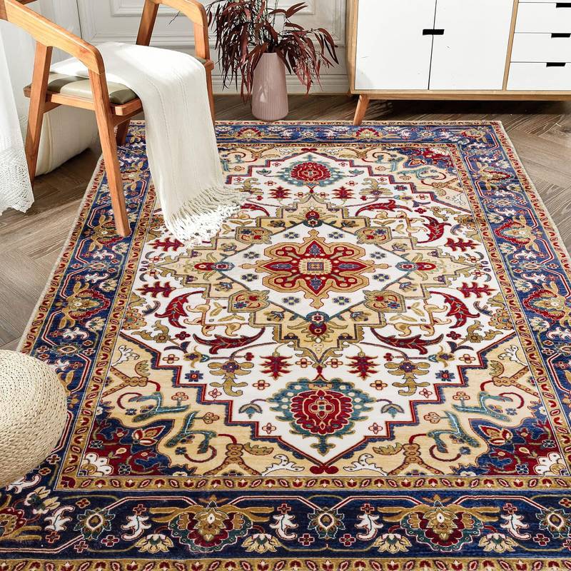 Vintage Boho Blue & Gold Persian Rug - Non-Slip & Washable