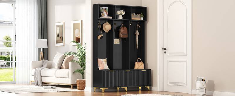 Chic Storage Hall Tree with Bench and Gold Accents