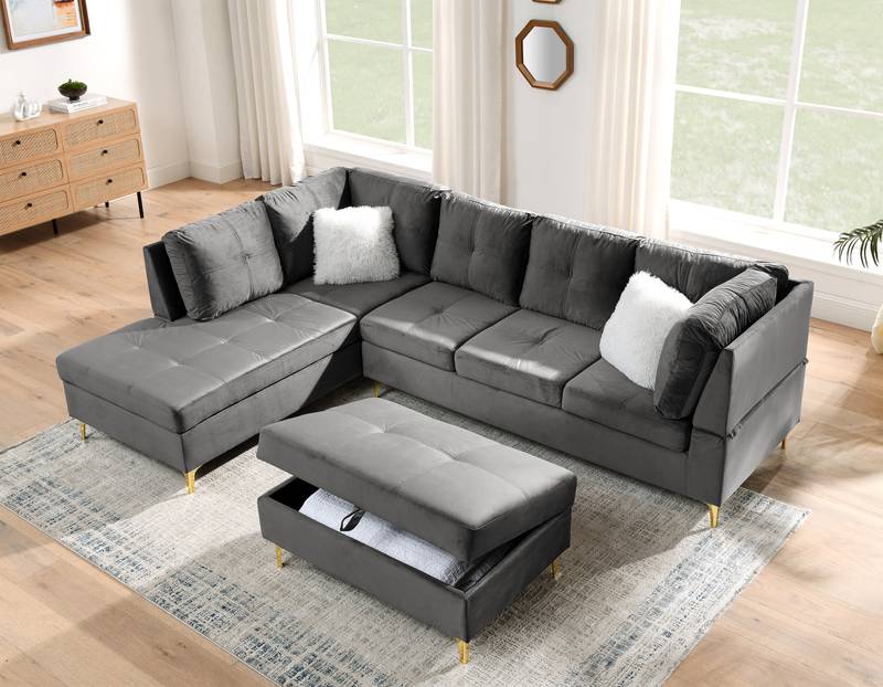 Cozy Corner Velvet Sofa with Storage Ottoman