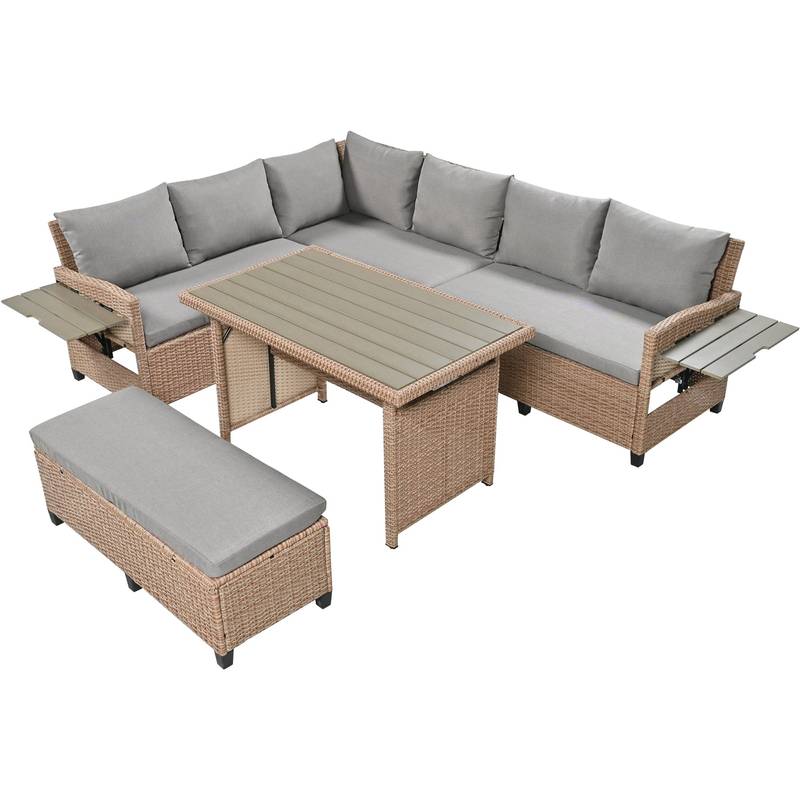 Cozy Rattan Patio Sofa Set with Extendable Tables