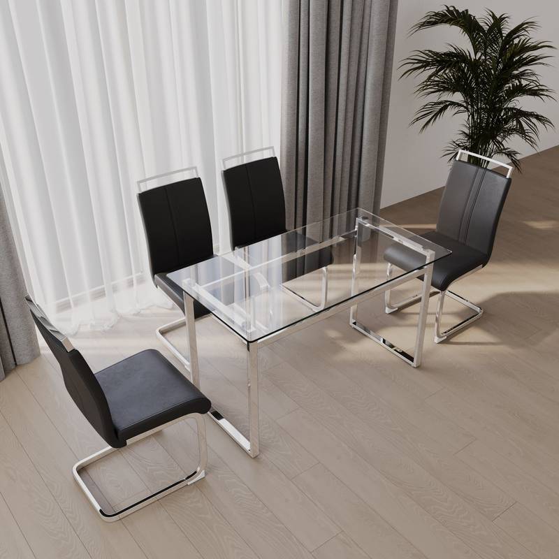 Sleek Glass Dining Set for Four with Chic Silver Legs