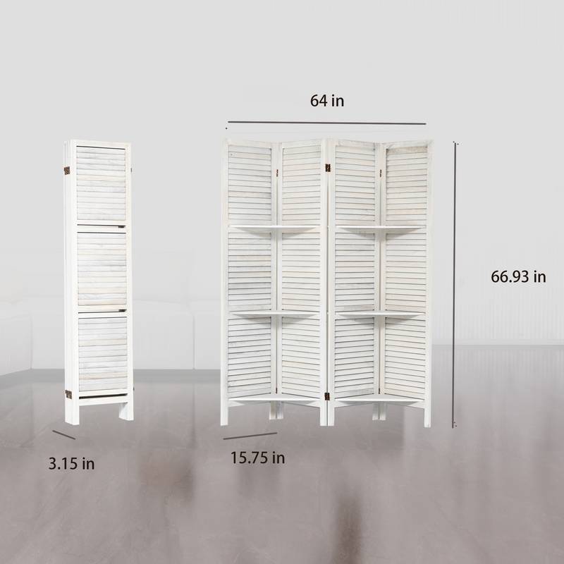 Chic White Folding Room Divider with Shelves