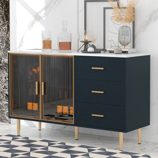 Chic Navy Buffet with Marble Top and Glass Doors
