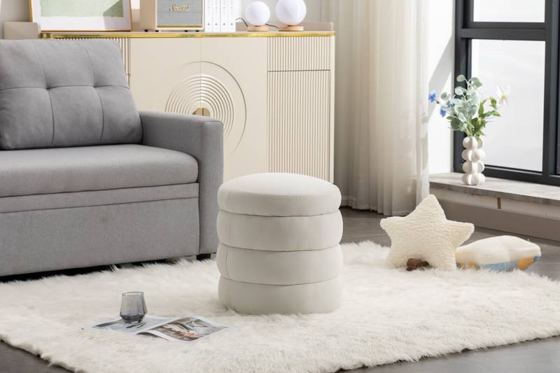 Ivory Velvet Round Ottoman