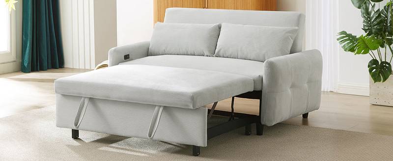 Light Blue Sleeper Sofa with USB Ports and Pillows