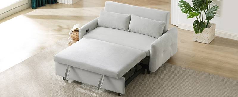 Light Blue Sleeper Sofa with USB Ports and Pillows