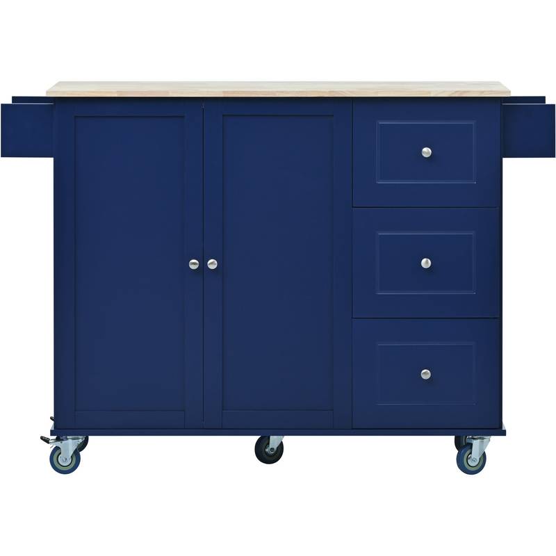 Blue Rolling Kitchen Island with Drop Leaf & Storage