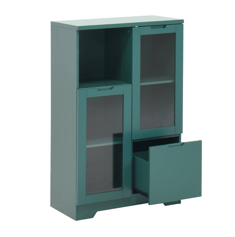 Chic Green Cabinet with Glass Doors and Open Storage
