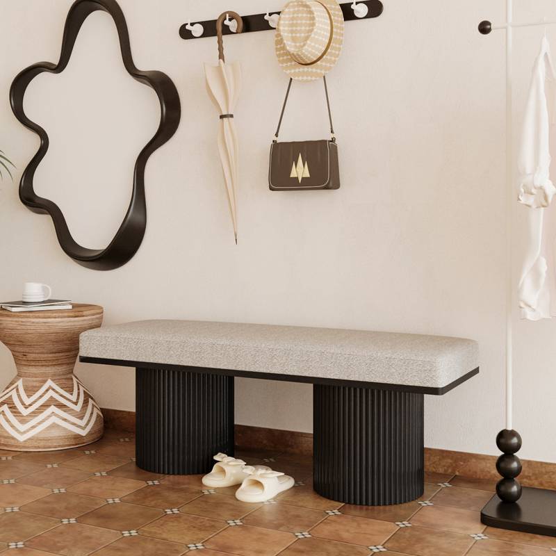 Cozy Grey Boucle Bench with Bold Black Legs