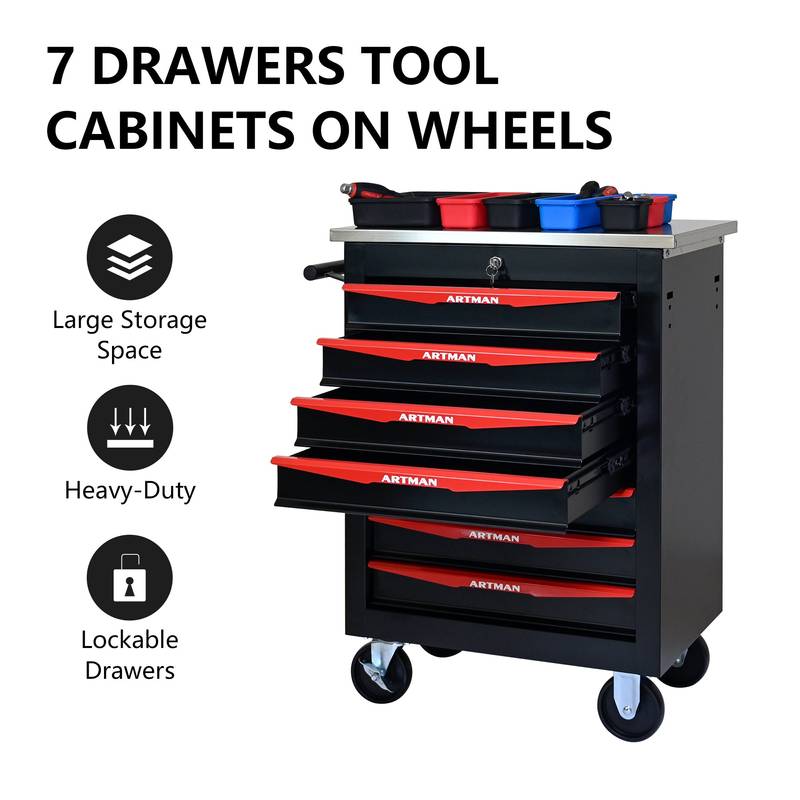 Rolling Tool Cart with Stainless Steel Top - Black & Red