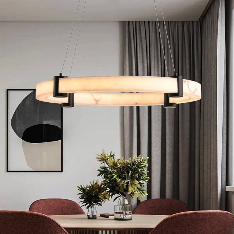 Chic Pendant Light with Adjustable Height - Dimmable Marble Finish Chandelier for Dining & Living Spaces
