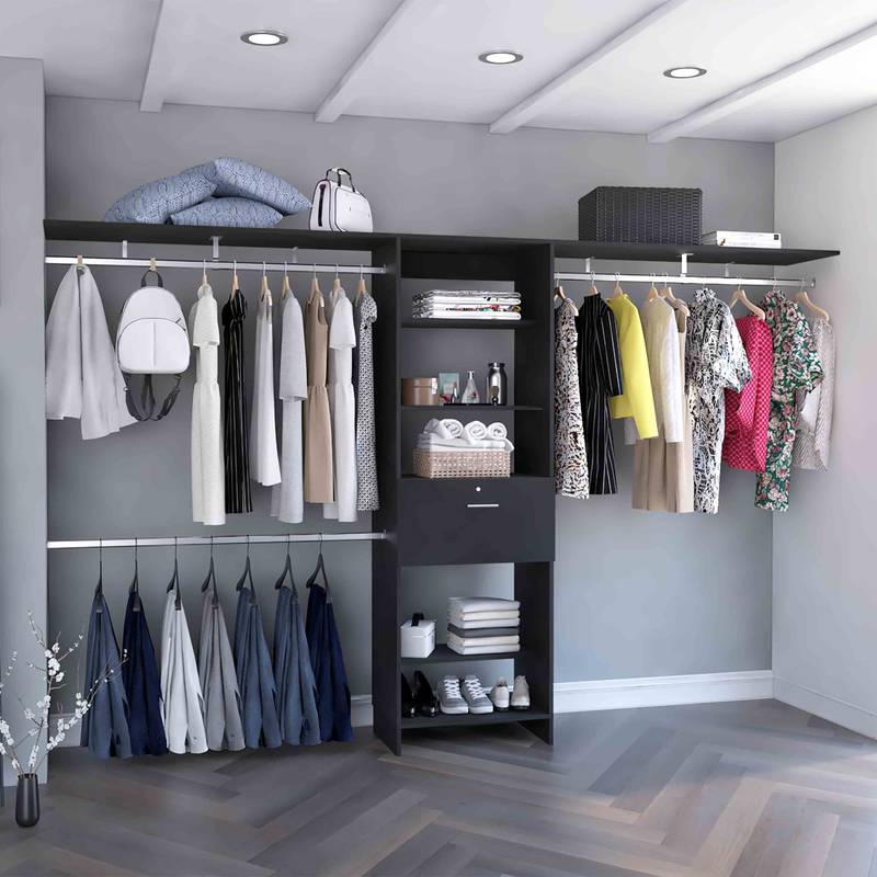 Stylish Black Closet Organizer with Drawers and Shelves